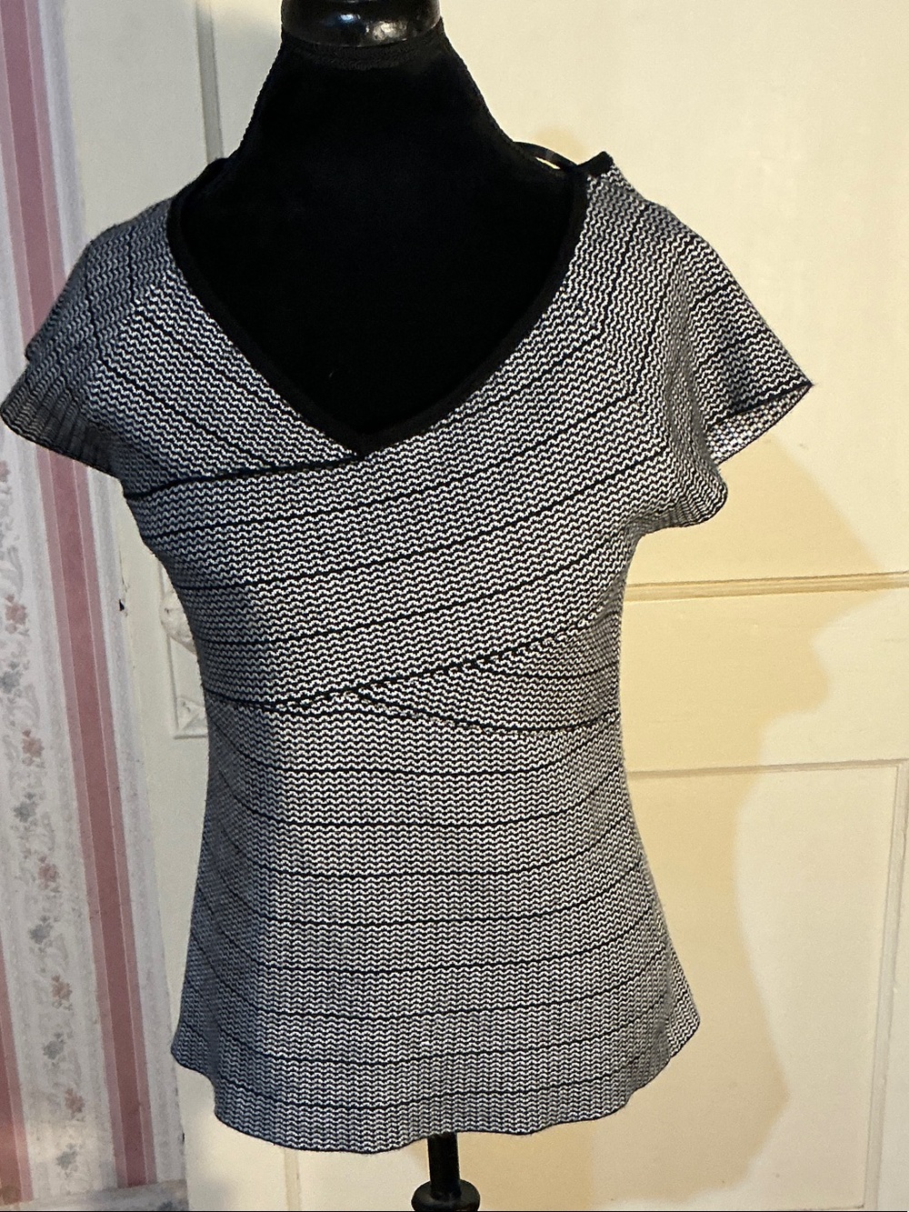 Cable & Gauge Black and White V-Neck Short Sleeve Top